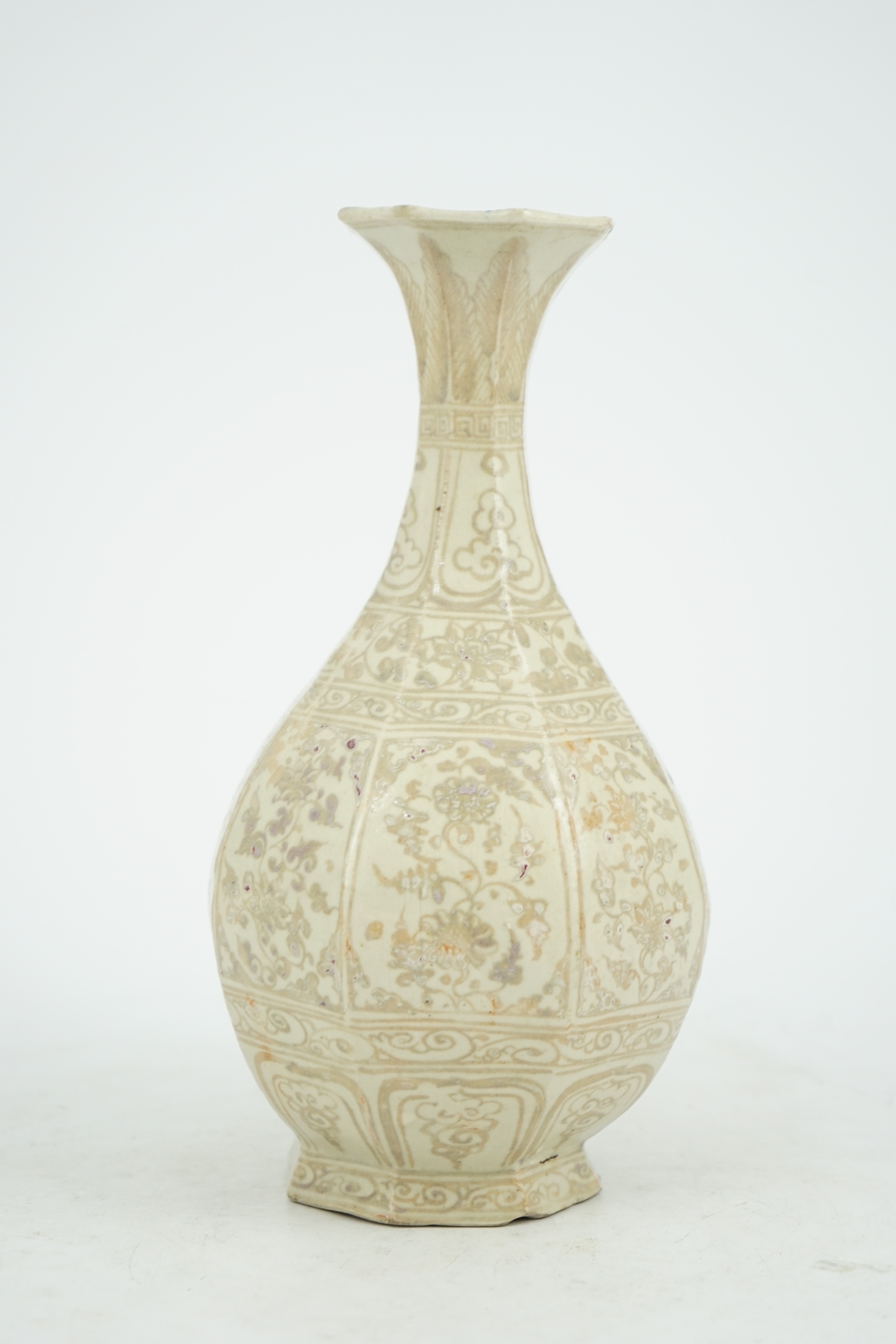 A Chinese underglaze copper red octagonal bottle vase, yuhuchunping, possibly Yuan or Hongwu period, Ming dynasty